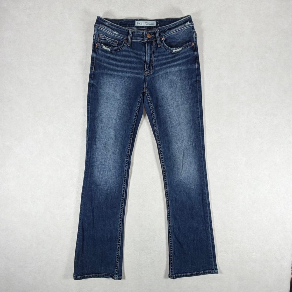 BKE Stella Mid Rise Slim Fit Bootcut Distressed Jeans Dark Wash Womens 28